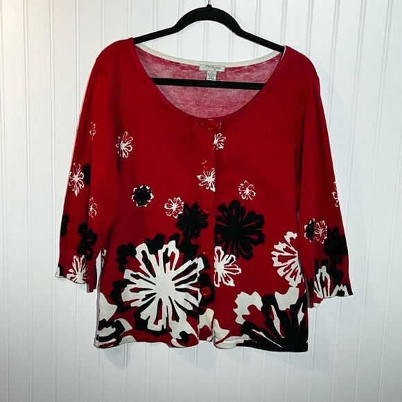 Mercer Street Studio Button Up Cardigan Sweater Womens Large Red Floral 3/4 Slv - Picture 1 of 8